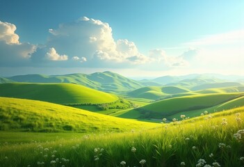 Obraz premium Vibrant Rolling Hills Agricultural Landscape with Flourishing Fields and Expansive Sky Overhead