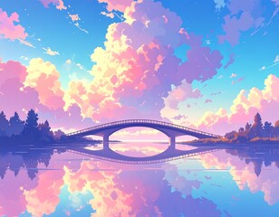 A serene landscape painting depicts a pastel-hued bridge spanning a tranquil water reflection, with a vibrant sky filled with soft clouds.