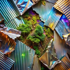 Mossy nature scene framed by shiny, jagged metallic pieces, vibrant and colorful background