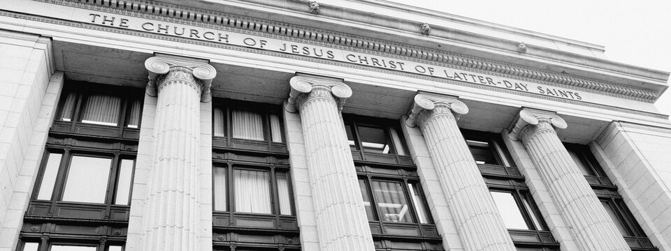 Black and White Retro historical Facade of The Church of  Jesus Christ of Latter-Day Saints. Salt Lake City, Utah, USA