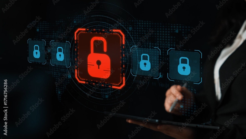 Poster digital security concept illustrating a cybersecurity breach, with a red unlocked padlock indicating