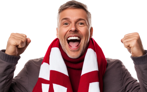 Enthusiastic football supporter with scarf raised representing celebration energy and event tradition isolated on transparent background PNG