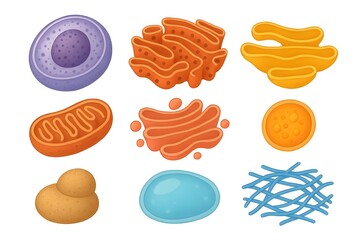 detailed illustrations of eukaryotic cell organelles isolated on white background