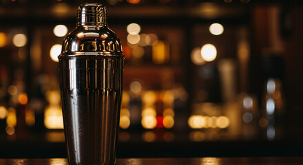 Shiny cocktail shaker on a bar counter with blurred background and copy space for text