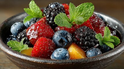 Mixed Fresh Berry Fruit Salad with Mint in a Black Bowl