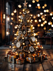 A creative steampunk Christmas tree decorated with metal gears and warm glowing lights, surrounded by wrapped gifts enhancing festive charm. Generative AI.
