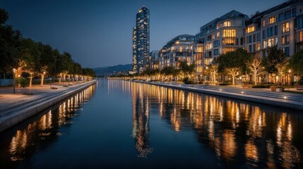 Night city skyline reflected in a calm river with illuminated buildings and trees
