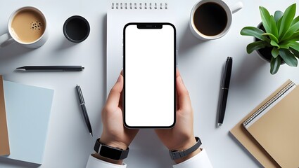 Overhead Desk Scene with Blank Screen Phone, Coffee, and Stationery
