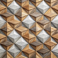 Abstract geometric pattern with wooden and stone textures forming a 3D repeating design