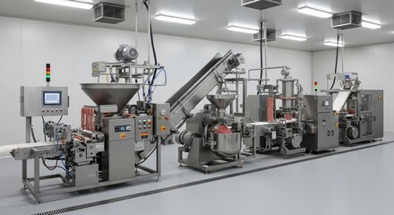 A modern automated sausage production line with stainless steel machinery in a clean, sterile food processing factory under bright industrial lighting. 