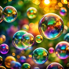 Rainbow iridescent bubbles float amidst greenery, catching light with colorful reflections and blurred bokeh