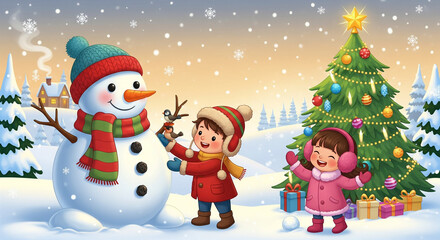 children playing with snowman