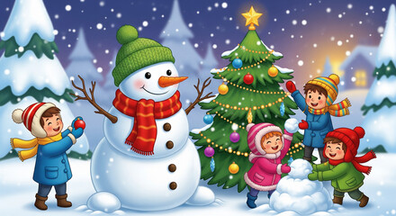 children playing with snowman