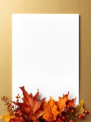 autumn-themed greeting card background featuring blank white paper on golden backdrop, fall leaves in orange, red, and yellow at bottom
