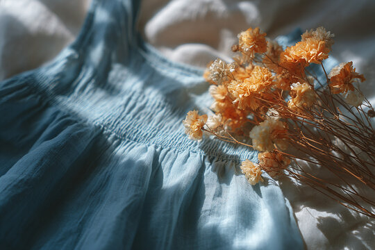 Light blue linen girl&rsquo;s dress with dried flowers