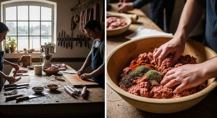 Artisanal sausage making diptych showing butchers working and mixing ground meat with spices in a rustic, naturally lit workshop