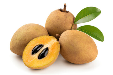 Fototapeta premium Sapodilla Fruit, Halved with Seeds and Leaves Isolated on White Background