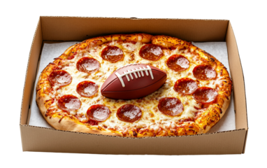 Super Bowl pizza delivery box opened with food inside symbolizing game day celebration and community spirit isolated on transparent background PNG