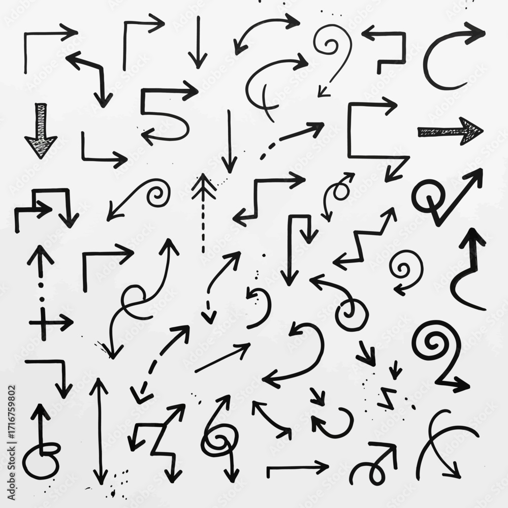 Poster Collection of Various Hand Drawn Arrows Showing Direction and Movement Concepts on a White Background
