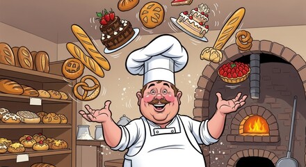 Happy Baker Juggling Freshly Baked Goods in a Traditional Bakery with a Brick Oven.