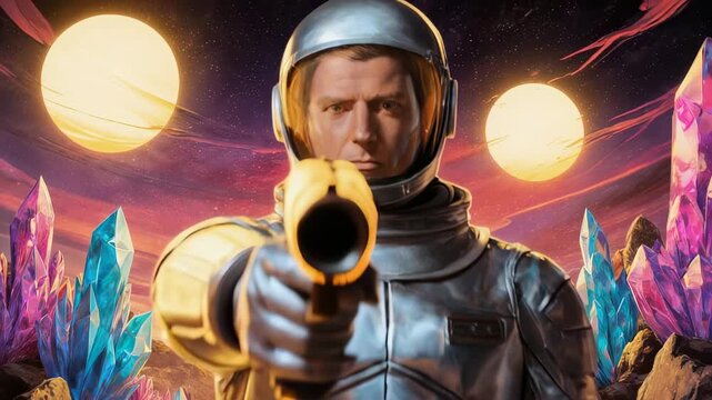 Retro sci-fi scene of a space explorer on a colorful alien planet.