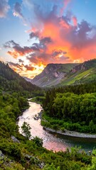 Mountain river sunset panorama
