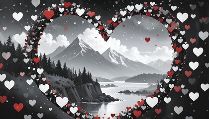 Heart-shaped frame enclosing a grayscale landscape scene