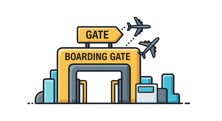 Fototapeta premium Illustration of a boarding gate with airplanes taking off in the distance in a cartoon style image