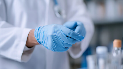 Medical Professional Preparing for Examination: Close-up of doctor putting on blue protective gloves in sterile environment. Focus on hand hygiene and patient safety.
