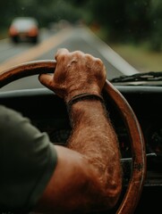 close-up of hand on steering wheel driving on country road