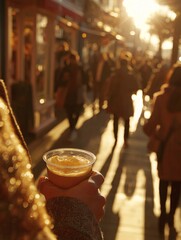 hand holding coffee cup on busy street at golden hour