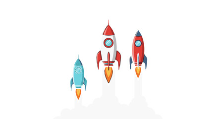 Three cartoon rockets with flames launching into the air on a plain presentation space illustration view