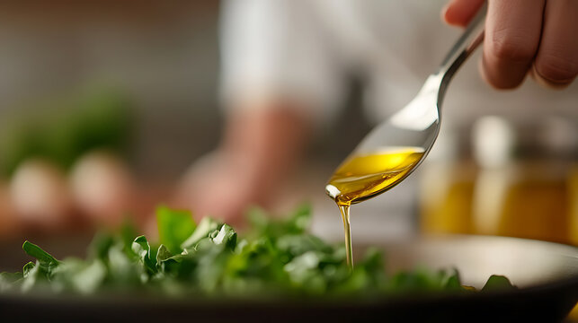 Olive Oil Drizzle: A chef prepares a vibrant green salad, delicately drizzling golden olive oil from a spoon, enhancing the fresh, healthy ingredients.