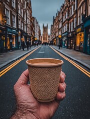 hand holding coffee cup on city street with blurred background