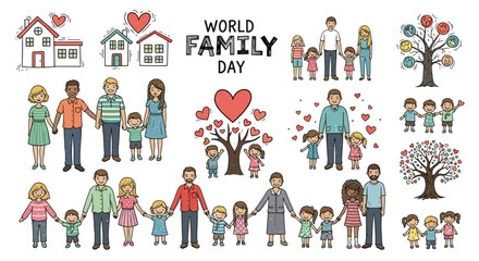 Illustrations depicting various families holding hands with houses and trees for world family day event