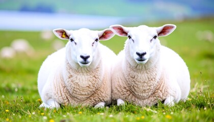 Fototapeta premium Two Fluffy White Sheep Resting in Green Pasture
