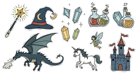 Various fantasy themed drawings including a dragon, unicorn, castle, and magical items are present
