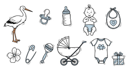 Assortment of baby themed drawings including a stork, stroller, and infant bodysuit illustration