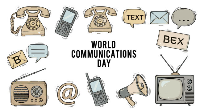 Assorted communication devices and speech bubbles celebrating world communications day concept art style