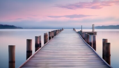 Obraz premium Serene Dock Extending Into Calm Waters Bathed In Soft Pastel Hu