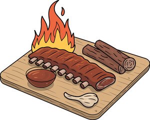 A cartoon illustration of barbecued pork ribs with flame and dipping sauce on a wooden cutting board. Vector graphic for a restaurant menu