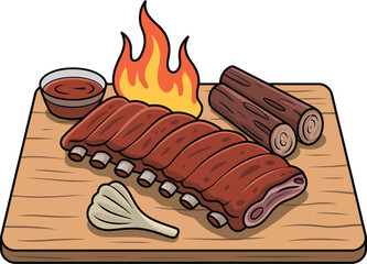 Delicious Barbecue Ribs with Fiery Flames and Dipping Sauce on a Wooden Platter