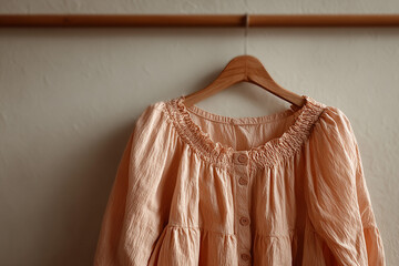 Pastel pink girl’s dress on a wooden hanger