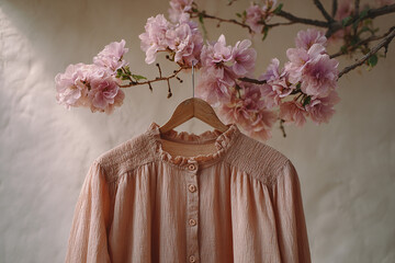 Pink girl’s dress on wooden hanger against wall