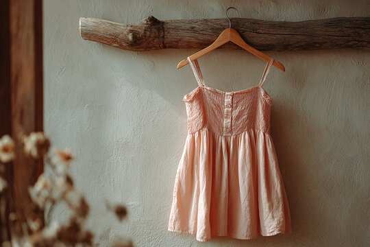 Pink girl&rsquo;s dress on wooden hanger against wall