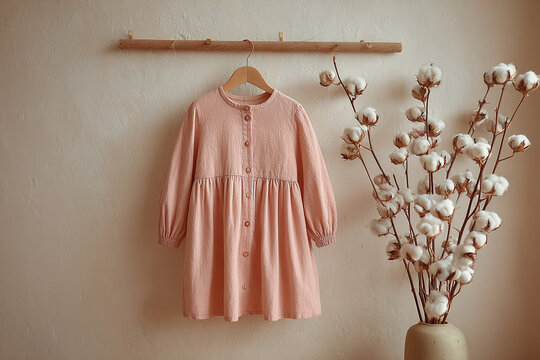 Pink girl&rsquo;s dress on wooden hanger against wall