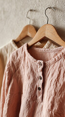 Pastel pink girl’s dress on a wooden hanger