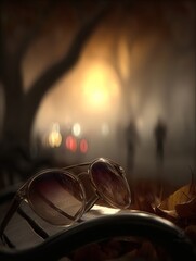 Sunglasses resting on a wooden surface in autumn