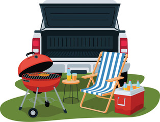 Tailgate Picnic Flat Illustration BBQ Grill, Cooler, and Relaxing Beach Chair for an Outdoor Summer Vibe
