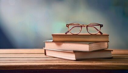 pair of glasses resting on stack of books on wooden table
